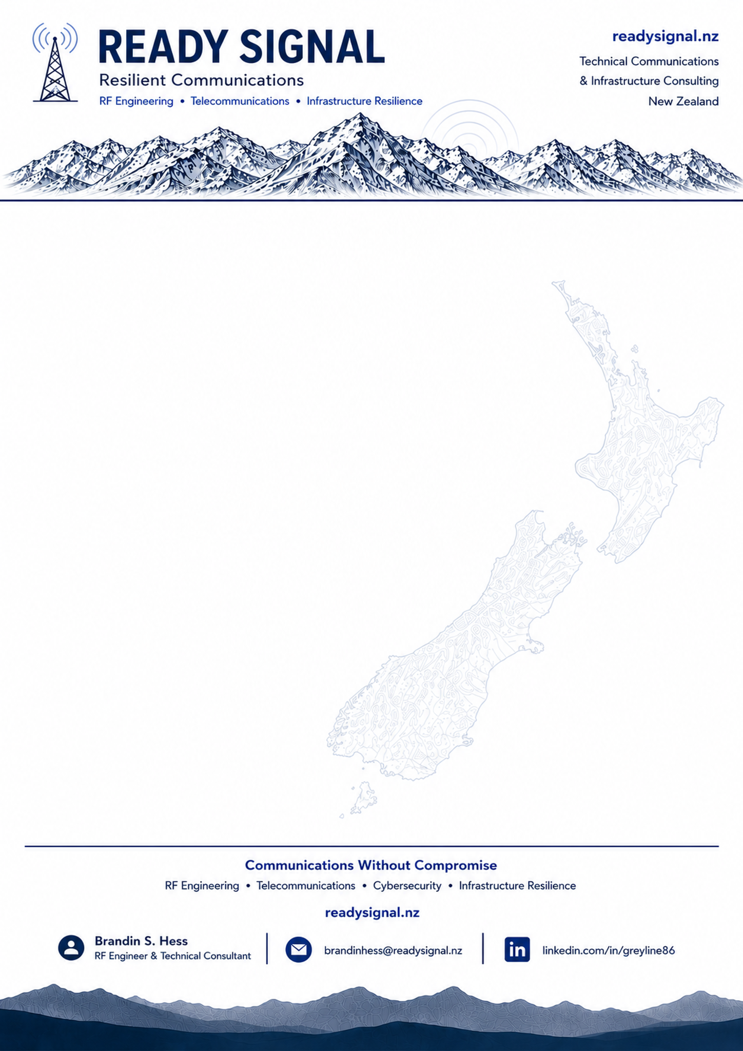 Ready Signal letterhead with mountain line art and New Zealand map